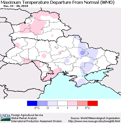 Ukraine, Moldova and Belarus Mean Maximum Temperature Departure from Normal (WMO) Thematic Map For 12/24/2018 - 12/30/2018