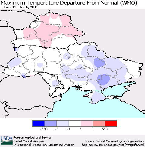 Ukraine, Moldova and Belarus Maximum Temperature Departure From Normal (WMO) Thematic Map For 12/31/2018 - 1/6/2019