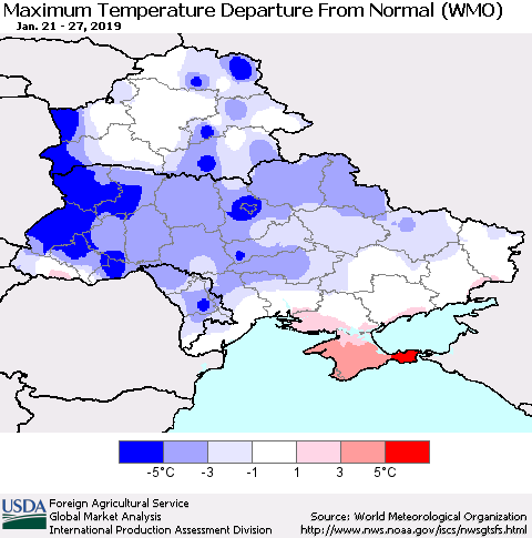 Ukraine, Moldova and Belarus Maximum Temperature Departure From Normal (WMO) Thematic Map For 1/21/2019 - 1/27/2019