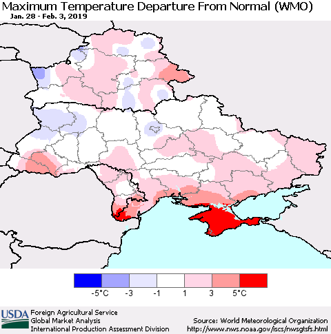 Ukraine, Moldova and Belarus Maximum Temperature Departure From Normal (WMO) Thematic Map For 1/28/2019 - 2/3/2019