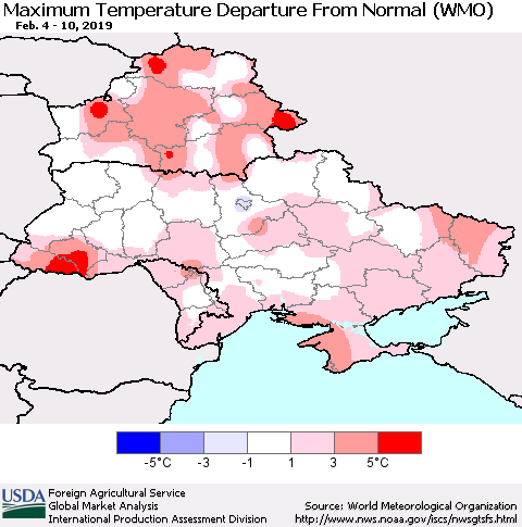 Ukraine, Moldova and Belarus Maximum Temperature Departure From Normal (WMO) Thematic Map For 2/4/2019 - 2/10/2019