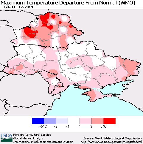 Ukraine, Moldova and Belarus Maximum Temperature Departure From Normal (WMO) Thematic Map For 2/11/2019 - 2/17/2019