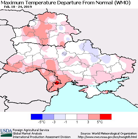 Ukraine, Moldova and Belarus Mean Maximum Temperature Departure from Normal (WMO) Thematic Map For 2/18/2019 - 2/24/2019
