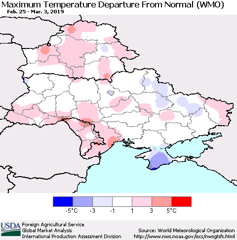 Ukraine, Moldova and Belarus Mean Maximum Temperature Departure from Normal (WMO) Thematic Map For 2/25/2019 - 3/3/2019