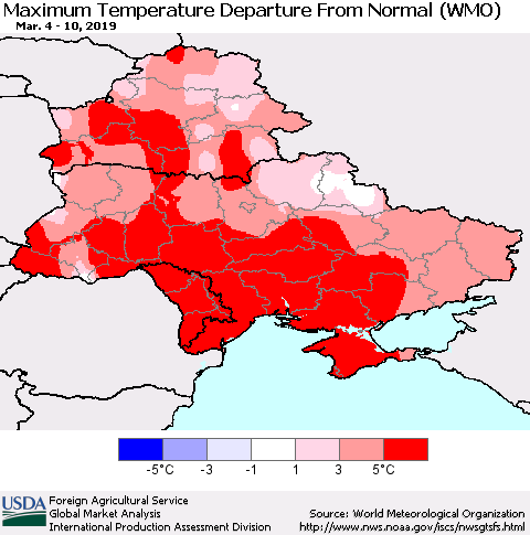 Ukraine, Moldova and Belarus Mean Maximum Temperature Departure from Normal (WMO) Thematic Map For 3/4/2019 - 3/10/2019
