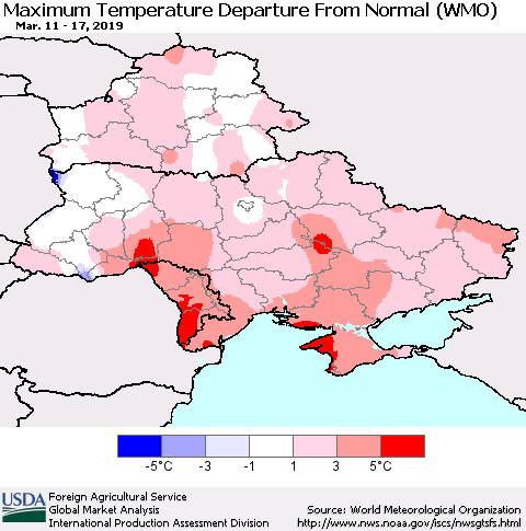 Ukraine, Moldova and Belarus Mean Maximum Temperature Departure from Normal (WMO) Thematic Map For 3/11/2019 - 3/17/2019