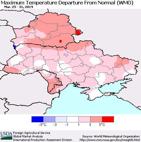 Ukraine, Moldova and Belarus Maximum Temperature Departure From Normal (WMO) Thematic Map For 3/25/2019 - 3/31/2019