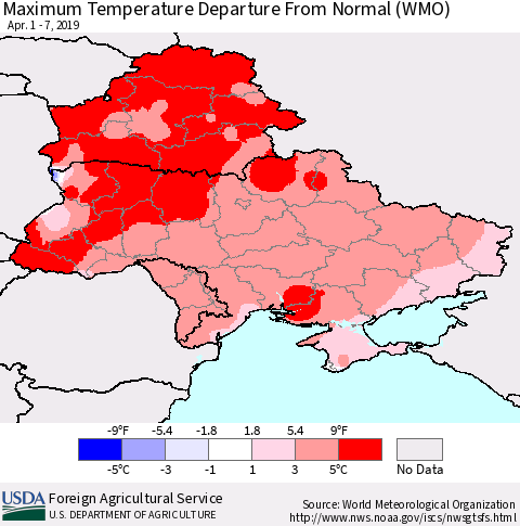 Ukraine, Moldova and Belarus Maximum Temperature Departure From Normal (WMO) Thematic Map For 4/1/2019 - 4/7/2019