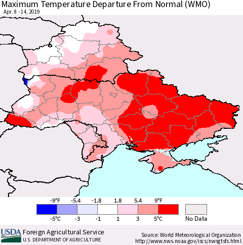Ukraine, Moldova and Belarus Maximum Temperature Departure From Normal (WMO) Thematic Map For 4/8/2019 - 4/14/2019