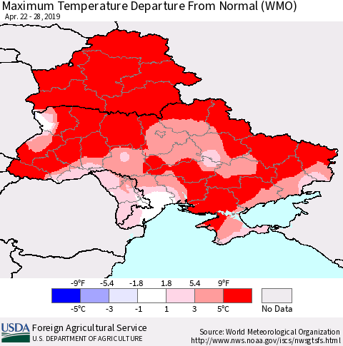 Ukraine, Moldova and Belarus Maximum Temperature Departure From Normal (WMO) Thematic Map For 4/22/2019 - 4/28/2019