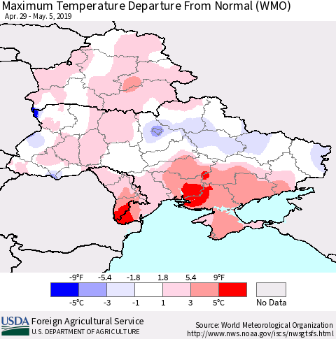 Ukraine, Moldova and Belarus Maximum Temperature Departure From Normal (WMO) Thematic Map For 4/29/2019 - 5/5/2019