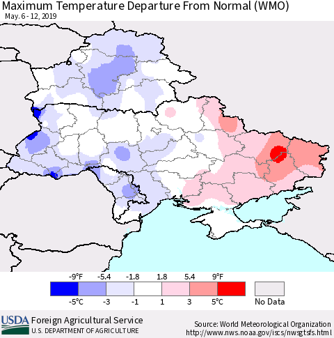 Ukraine, Moldova and Belarus Maximum Temperature Departure From Normal (WMO) Thematic Map For 5/6/2019 - 5/12/2019