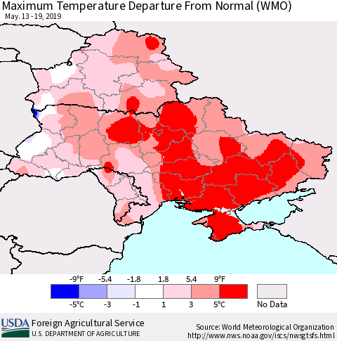 Ukraine, Moldova and Belarus Mean Maximum Temperature Departure from Normal (WMO) Thematic Map For 5/13/2019 - 5/19/2019