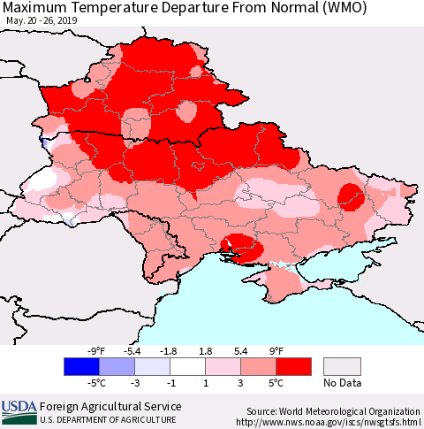 Ukraine, Moldova and Belarus Mean Maximum Temperature Departure from Normal (WMO) Thematic Map For 5/20/2019 - 5/26/2019