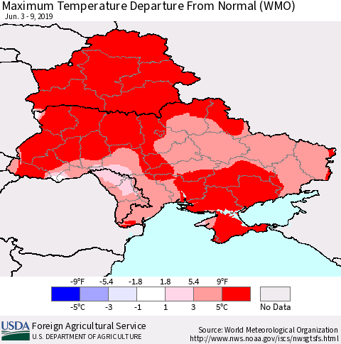 Ukraine, Moldova and Belarus Maximum Temperature Departure From Normal (WMO) Thematic Map For 6/3/2019 - 6/9/2019