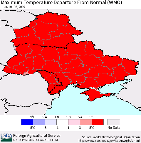 Ukraine, Moldova and Belarus Mean Maximum Temperature Departure from Normal (WMO) Thematic Map For 6/10/2019 - 6/16/2019