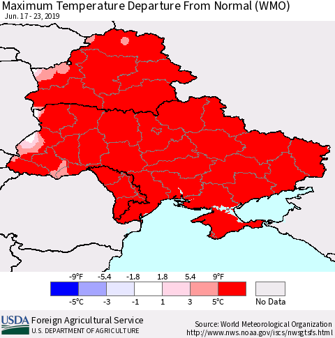 Ukraine, Moldova and Belarus Maximum Temperature Departure From Normal (WMO) Thematic Map For 6/17/2019 - 6/23/2019