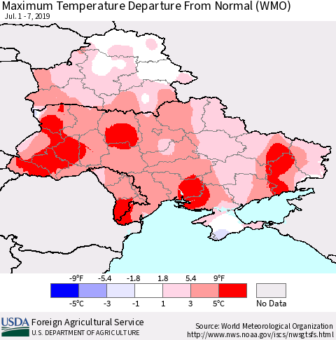 Ukraine, Moldova and Belarus Maximum Temperature Departure From Normal (WMO) Thematic Map For 7/1/2019 - 7/7/2019
