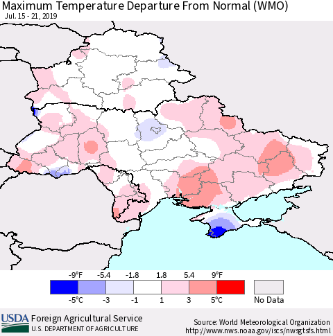 Ukraine, Moldova and Belarus Maximum Temperature Departure From Normal (WMO) Thematic Map For 7/15/2019 - 7/21/2019