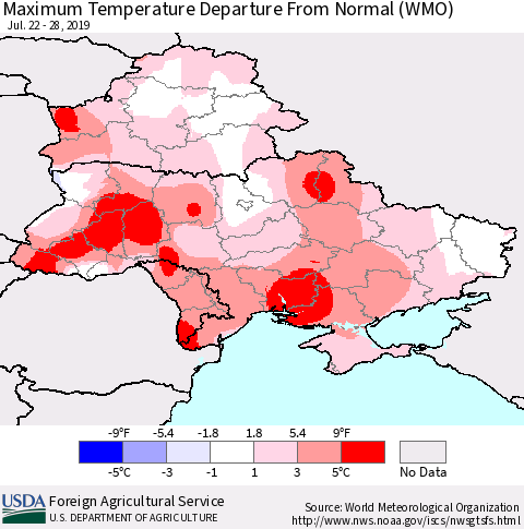 Ukraine, Moldova and Belarus Mean Maximum Temperature Departure from Normal (WMO) Thematic Map For 7/22/2019 - 7/28/2019