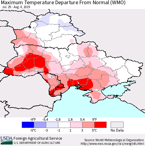 Ukraine, Moldova and Belarus Maximum Temperature Departure From Normal (WMO) Thematic Map For 7/29/2019 - 8/4/2019