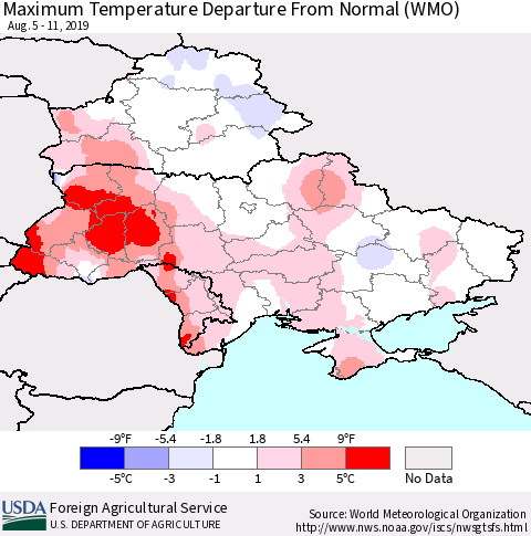 Ukraine, Moldova and Belarus Maximum Temperature Departure From Normal (WMO) Thematic Map For 8/5/2019 - 8/11/2019