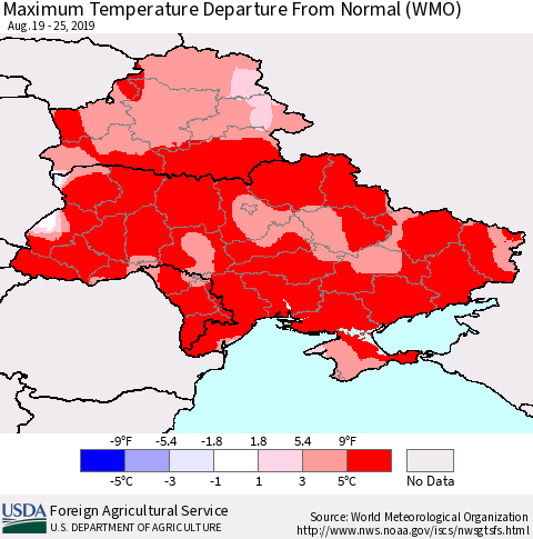 Ukraine, Moldova and Belarus Mean Maximum Temperature Departure from Normal (WMO) Thematic Map For 8/19/2019 - 8/25/2019