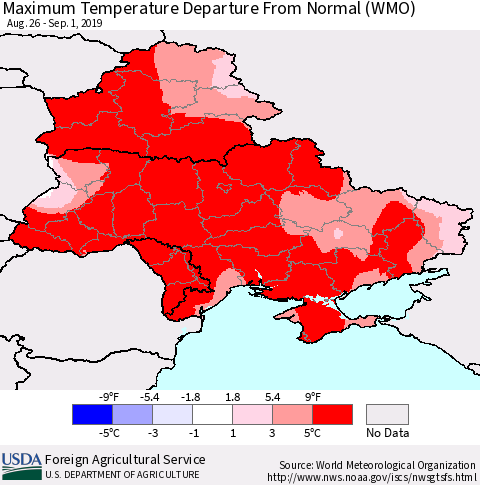Ukraine, Moldova and Belarus Maximum Temperature Departure From Normal (WMO) Thematic Map For 8/26/2019 - 9/1/2019