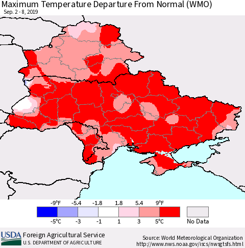 Ukraine, Moldova and Belarus Maximum Temperature Departure From Normal (WMO) Thematic Map For 9/2/2019 - 9/8/2019