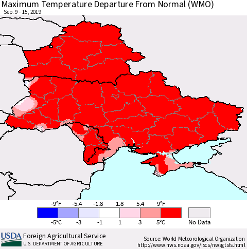 Ukraine, Moldova and Belarus Mean Maximum Temperature Departure from Normal (WMO) Thematic Map For 9/9/2019 - 9/15/2019