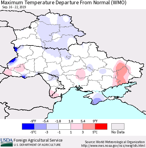 Ukraine, Moldova and Belarus Mean Maximum Temperature Departure from Normal (WMO) Thematic Map For 9/16/2019 - 9/22/2019