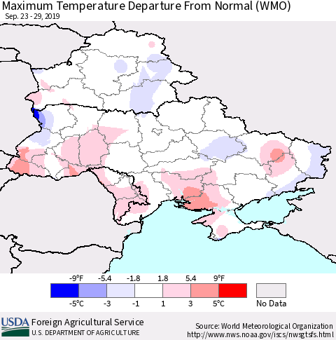Ukraine, Moldova and Belarus Maximum Temperature Departure From Normal (WMO) Thematic Map For 9/23/2019 - 9/29/2019