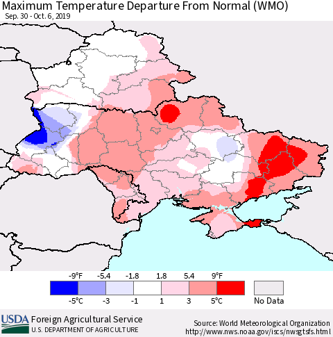 Ukraine, Moldova and Belarus Mean Maximum Temperature Departure from Normal (WMO) Thematic Map For 9/30/2019 - 10/6/2019