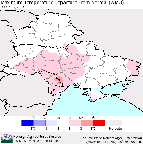 Ukraine, Moldova and Belarus Mean Maximum Temperature Departure from Normal (WMO) Thematic Map For 10/7/2019 - 10/13/2019