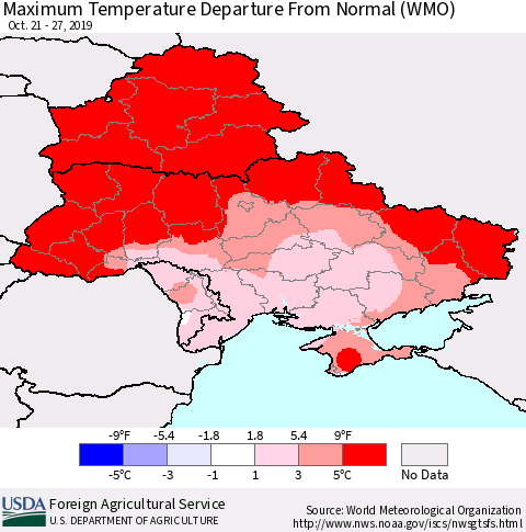 Ukraine, Moldova and Belarus Mean Maximum Temperature Departure from Normal (WMO) Thematic Map For 10/21/2019 - 10/27/2019