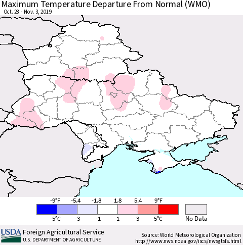Ukraine, Moldova and Belarus Mean Maximum Temperature Departure from Normal (WMO) Thematic Map For 10/28/2019 - 11/3/2019