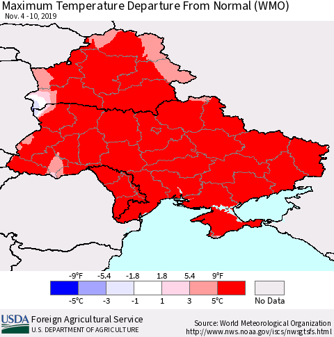 Ukraine, Moldova and Belarus Maximum Temperature Departure From Normal (WMO) Thematic Map For 11/4/2019 - 11/10/2019