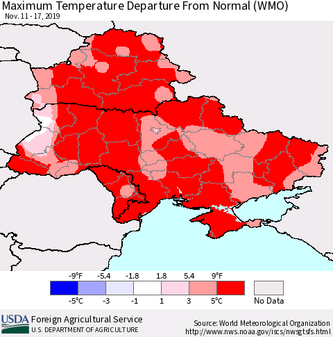 Ukraine, Moldova and Belarus Mean Maximum Temperature Departure from Normal (WMO) Thematic Map For 11/11/2019 - 11/17/2019