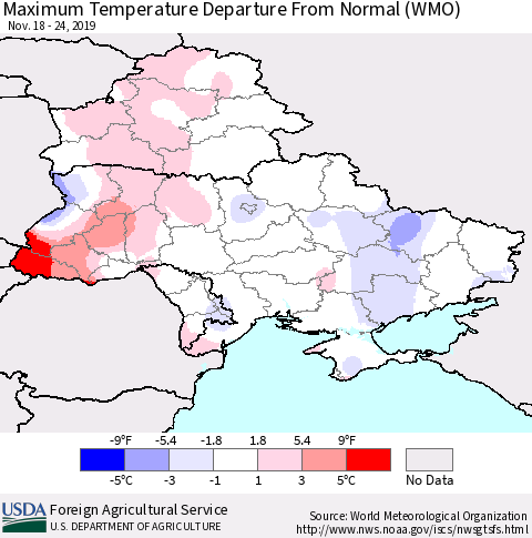 Ukraine, Moldova and Belarus Mean Maximum Temperature Departure from Normal (WMO) Thematic Map For 11/18/2019 - 11/24/2019