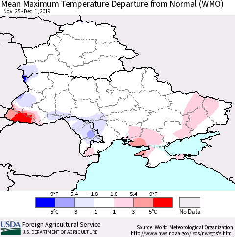 Ukraine, Moldova and Belarus Mean Maximum Temperature Departure from Normal (WMO) Thematic Map For 11/25/2019 - 12/1/2019