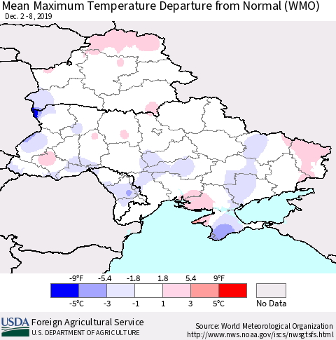 Ukraine, Moldova and Belarus Maximum Temperature Departure From Normal (WMO) Thematic Map For 12/2/2019 - 12/8/2019