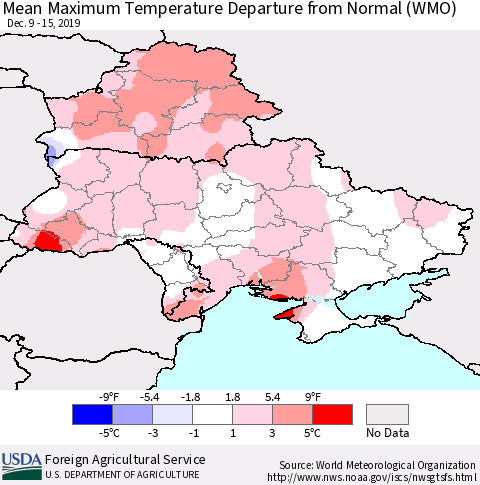 Ukraine, Moldova and Belarus Maximum Temperature Departure From Normal (WMO) Thematic Map For 12/9/2019 - 12/15/2019