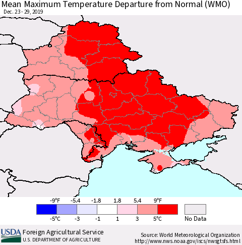 Ukraine, Moldova and Belarus Mean Maximum Temperature Departure from Normal (WMO) Thematic Map For 12/23/2019 - 12/29/2019