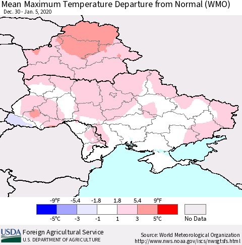 Ukraine, Moldova and Belarus Mean Maximum Temperature Departure from Normal (WMO) Thematic Map For 12/30/2019 - 1/5/2020