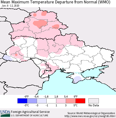 Ukraine, Moldova and Belarus Mean Maximum Temperature Departure from Normal (WMO) Thematic Map For 1/6/2020 - 1/12/2020