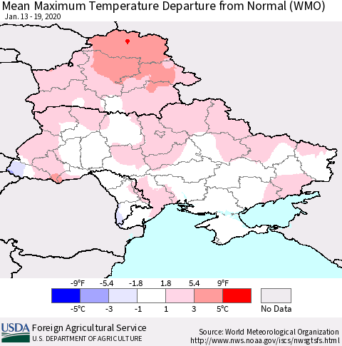 Ukraine, Moldova and Belarus Mean Maximum Temperature Departure from Normal (WMO) Thematic Map For 1/13/2020 - 1/19/2020