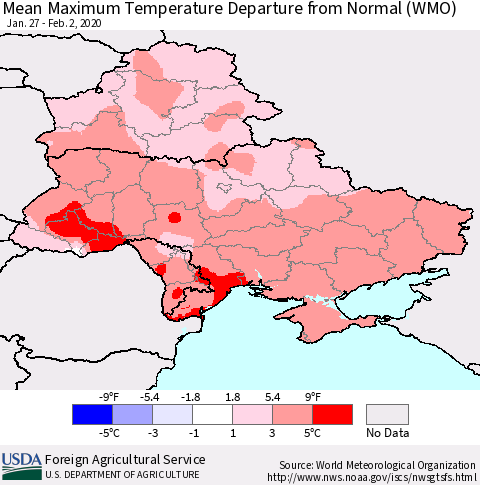 Ukraine, Moldova and Belarus Mean Maximum Temperature Departure from Normal (WMO) Thematic Map For 1/27/2020 - 2/2/2020
