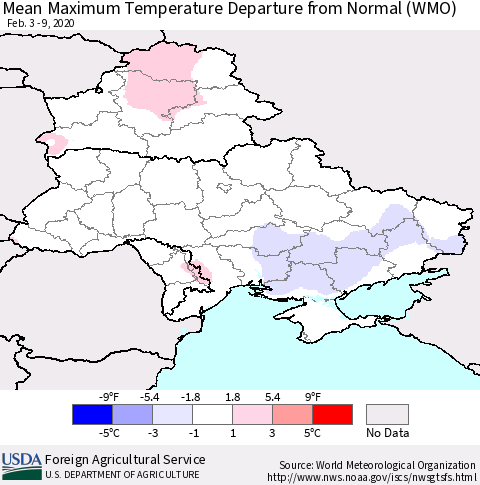 Ukraine, Moldova and Belarus Mean Maximum Temperature Departure from Normal (WMO) Thematic Map For 2/3/2020 - 2/9/2020