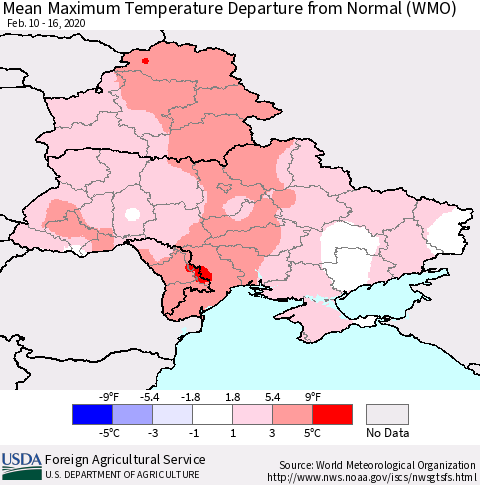 Ukraine, Moldova and Belarus Mean Maximum Temperature Departure from Normal (WMO) Thematic Map For 2/10/2020 - 2/16/2020