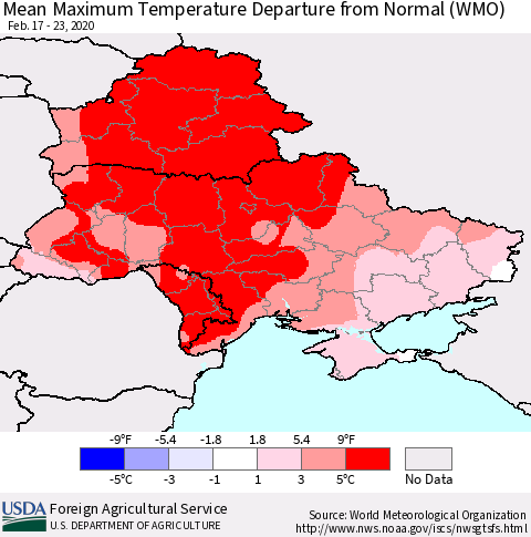 Ukraine, Moldova and Belarus Mean Maximum Temperature Departure from Normal (WMO) Thematic Map For 2/17/2020 - 2/23/2020